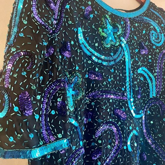 Lawrence Kazar VTG Womens Silk Beaded Sequin Blouse Size Large Black Blue Purple - Picture 3 of 13